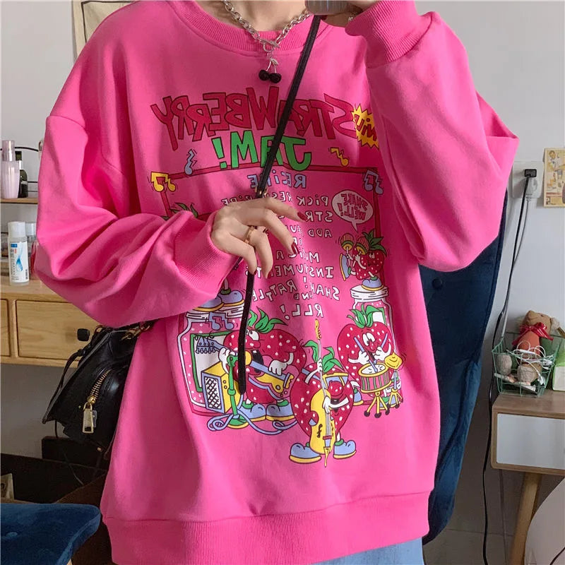 Harajuku Retro Top Strawberry Print Sweatshirt Women Loose Streetwear Sweatshirts American Oversized Pullovers - Simplice Dress