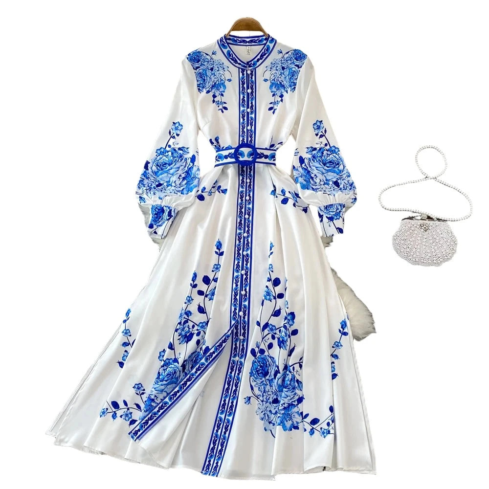 Fashion Blue And White Porcelain Flower Print Dress Women Clothing Long Lantern Sleeve Single Breasted Belt Vintage Vestidos - Simplice Dress