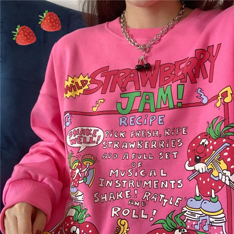 Harajuku Retro Top Strawberry Print Sweatshirt Women Loose Streetwear Sweatshirts American Oversized Pullovers - Simplice Dress