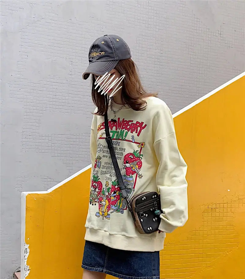 Harajuku Retro Top Strawberry Print Sweatshirt Women Loose Streetwear Sweatshirts American Oversized Pullovers - Simplice Dress