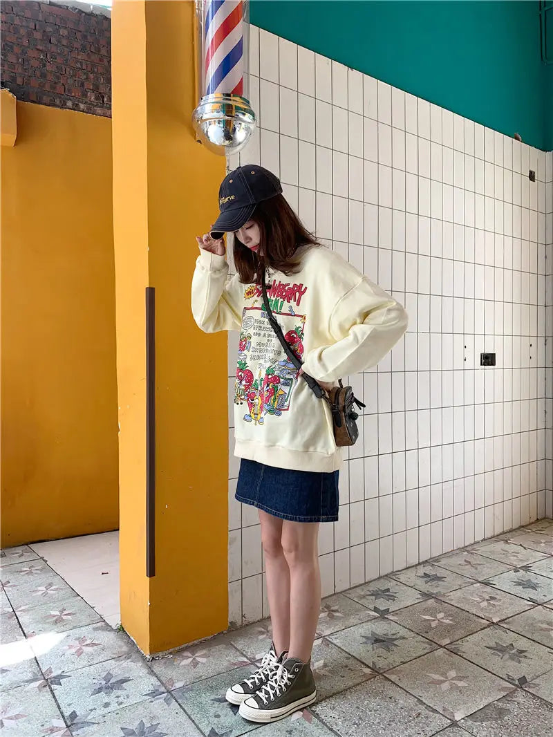 Harajuku Retro Top Strawberry Print Sweatshirt Women Loose Streetwear Sweatshirts American Oversized Pullovers - Simplice Dress