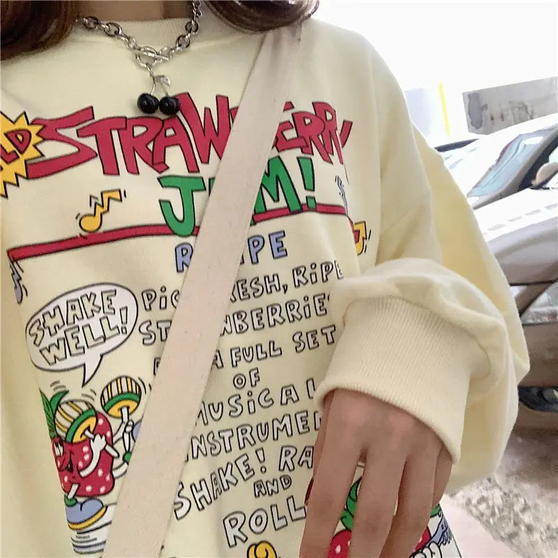 Harajuku Retro Top Strawberry Print Sweatshirt Women Loose Streetwear Sweatshirts American Oversized Pullovers - Simplice Dress