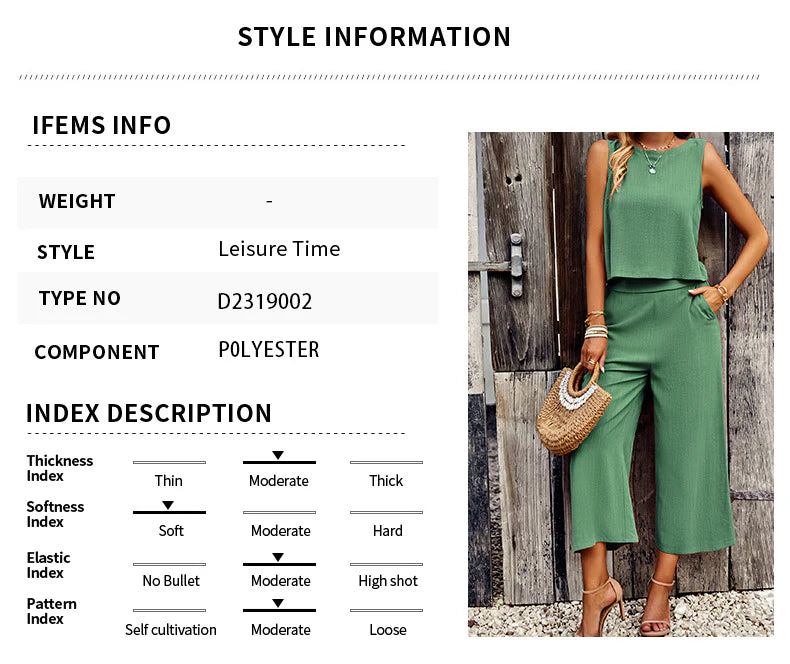 Fashion set, women's summer temperament, sleeveless top, cropped pants, two-piece set