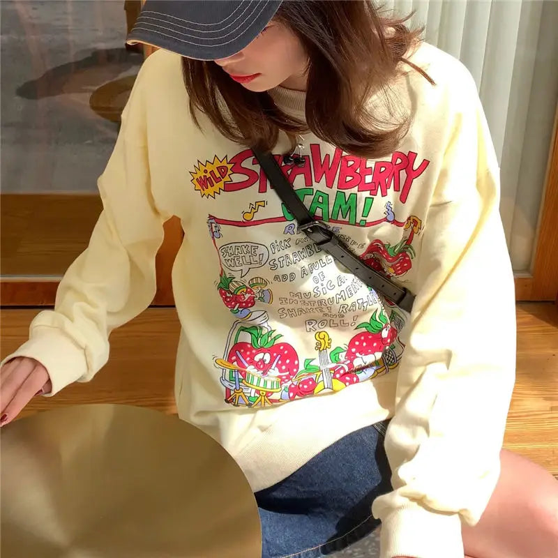 Harajuku Retro Top Strawberry Print Sweatshirt Women Loose Streetwear Sweatshirts American Oversized Pullovers - Simplice Dress