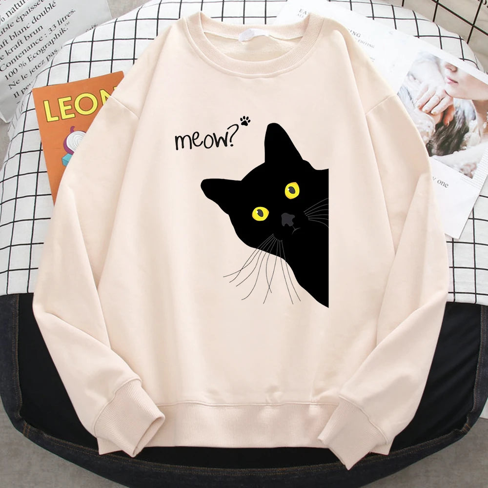 Winter Harajuku Woman Sweatshirt Meow Black Cat Printing Hoodies Comfortable All-Math Pullover Crewneck Loose Female Clothes - Simplice Dress