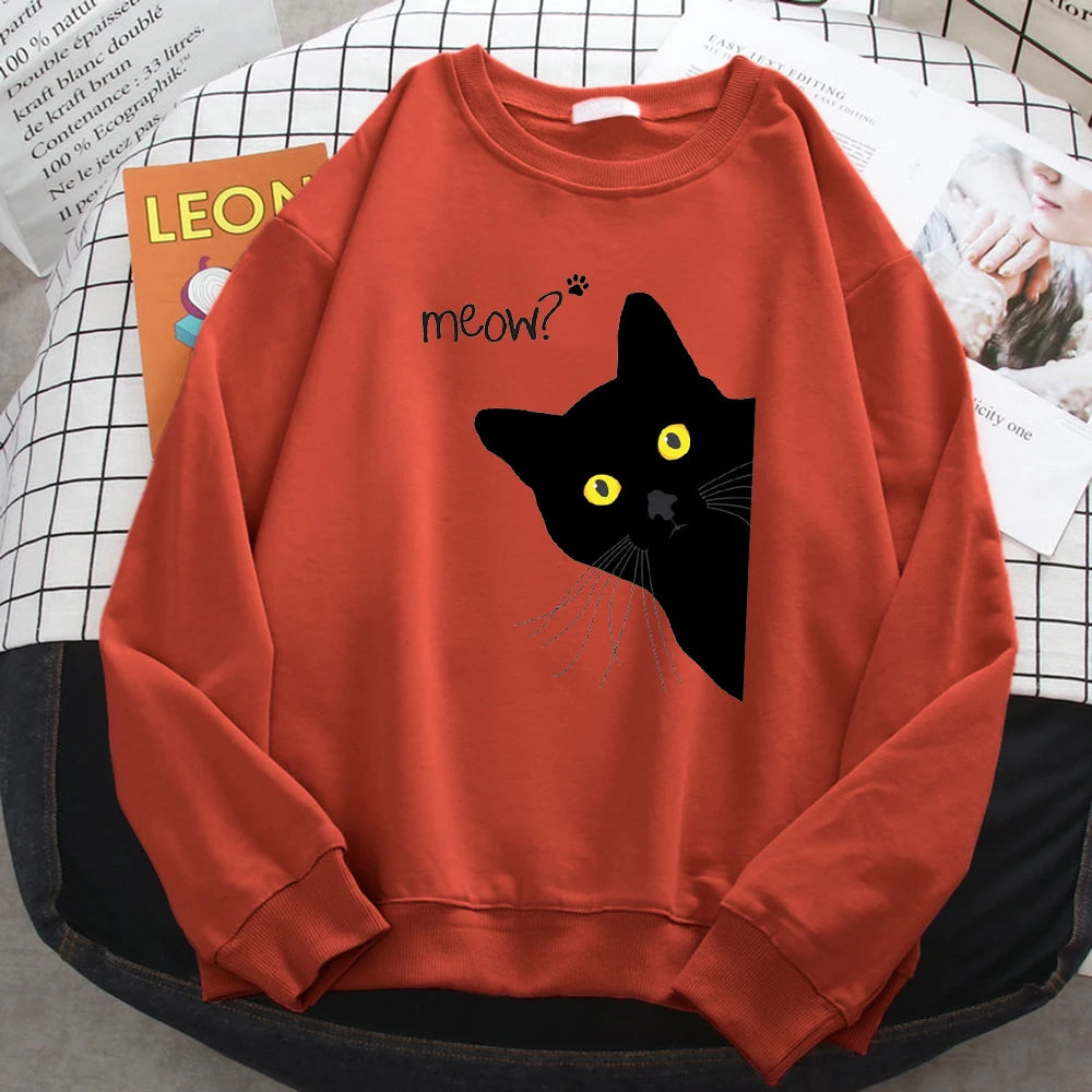 Winter Harajuku Woman Sweatshirt Meow Black Cat Printing Hoodies Comfortable All-Math Pullover Crewneck Loose Female Clothes - Simplice Dress