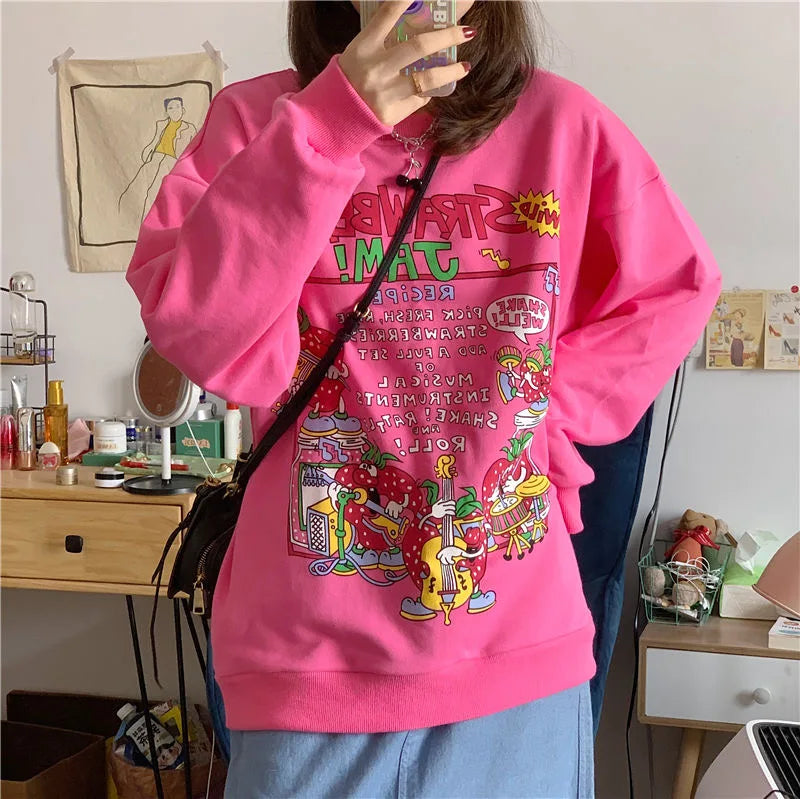 Harajuku Retro Top Strawberry Print Sweatshirt Women Loose Streetwear Sweatshirts American Oversized Pullovers - Simplice Dress