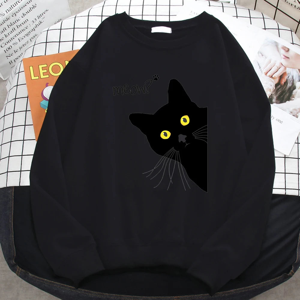 Winter Harajuku Woman Sweatshirt Meow Black Cat Printing Hoodies Comfortable All-Math Pullover Crewneck Loose Female Clothes - Simplice Dress