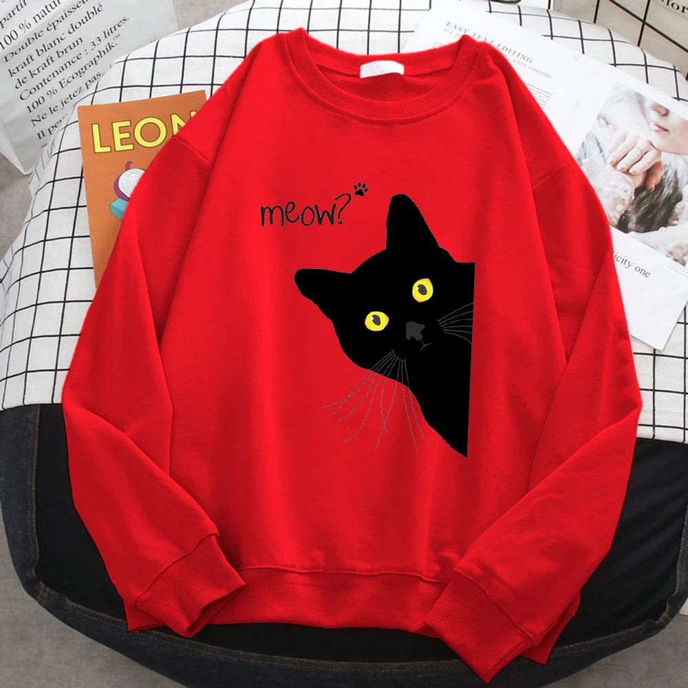 Winter Harajuku Woman Sweatshirt Meow Black Cat Printing Hoodies Comfortable All-Math Pullover Crewneck Loose Female Clothes - Simplice Dress