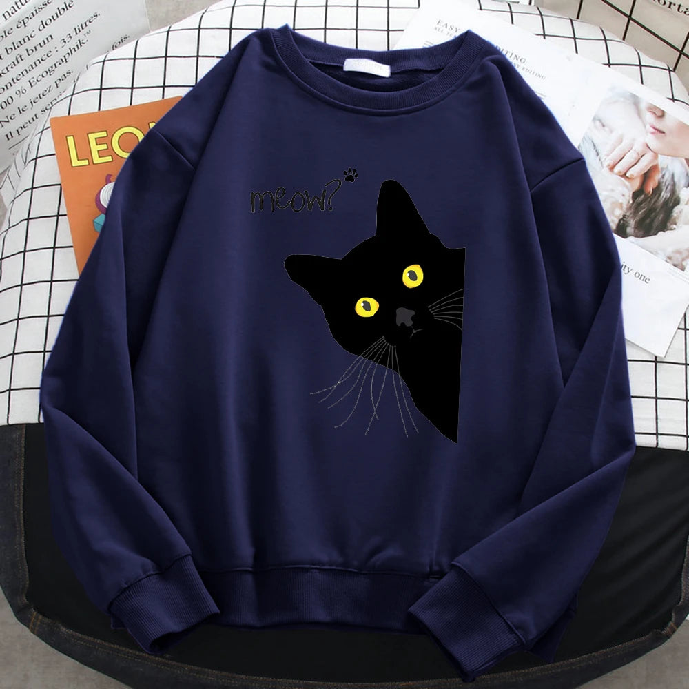 Winter Harajuku Woman Sweatshirt Meow Black Cat Printing Hoodies Comfortable All-Math Pullover Crewneck Loose Female Clothes - Simplice Dress