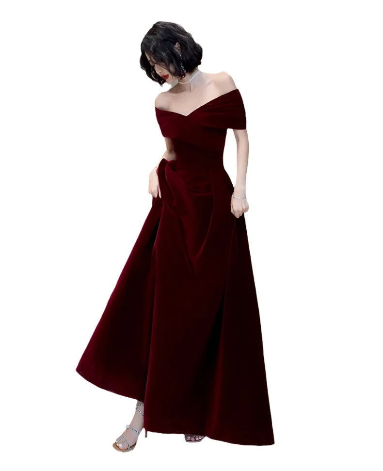 Lautaro Spring Long Luxury Elegant Wine Red Soft Velvet Evening Party Wedding Dresses for Women 2022 Off Shoulder Maxi Dress - Simplice Dress