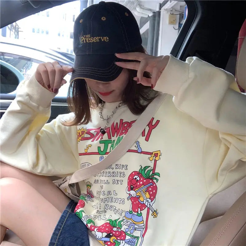 Harajuku Retro Top Strawberry Print Sweatshirt Women Loose Streetwear Sweatshirts American Oversized Pullovers - Simplice Dress