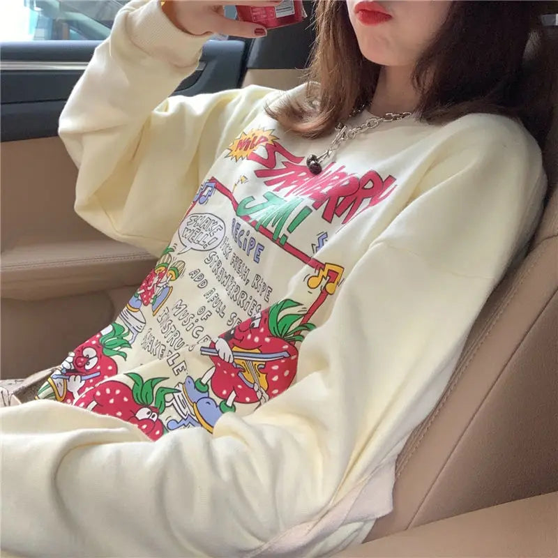 Harajuku Retro Top Strawberry Print Sweatshirt Women Loose Streetwear Sweatshirts American Oversized Pullovers - Simplice Dress