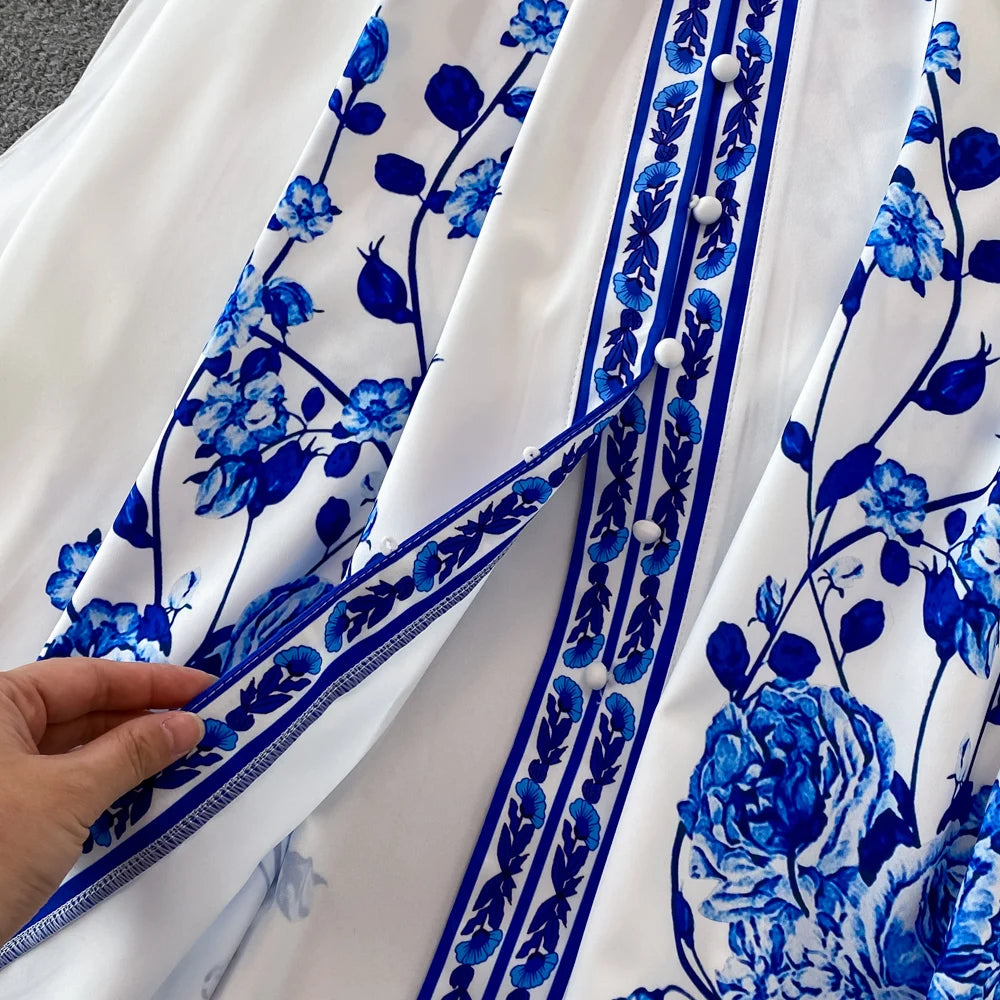 Fashion Blue And White Porcelain Flower Print Dress Women Clothing Long Lantern Sleeve Single Breasted Belt Vintage Vestidos - Simplice Dress