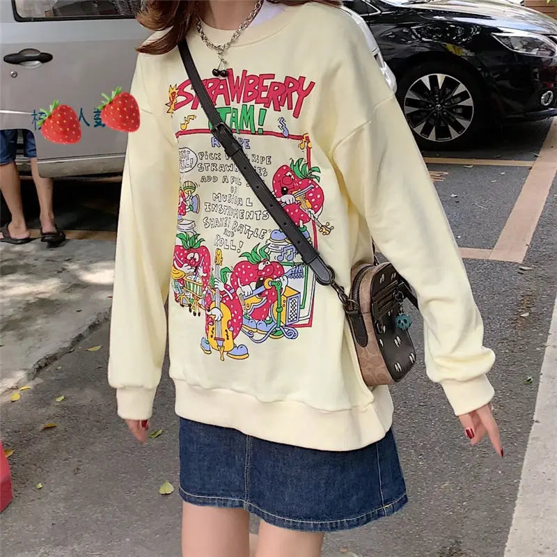 Harajuku Retro Top Strawberry Print Sweatshirt Women Loose Streetwear Sweatshirts American Oversized Pullovers - Simplice Dress