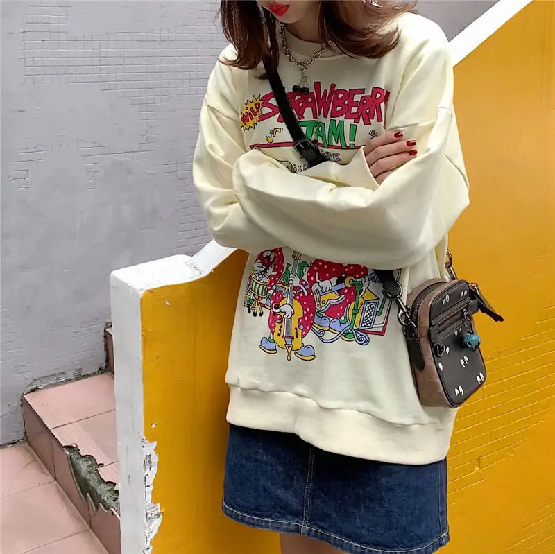 Harajuku Retro Top Strawberry Print Sweatshirt Women Loose Streetwear Sweatshirts American Oversized Pullovers - Simplice Dress