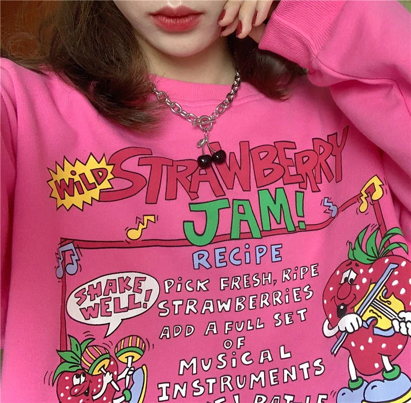 Harajuku Retro Top Strawberry Print Sweatshirt Women Loose Streetwear Sweatshirts American Oversized Pullovers - Simplice Dress