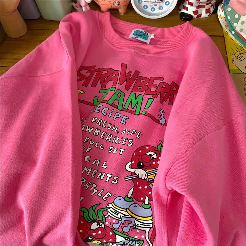 Harajuku Retro Top Strawberry Print Sweatshirt Women Loose Streetwear Sweatshirts American Oversized Pullovers - Simplice Dress