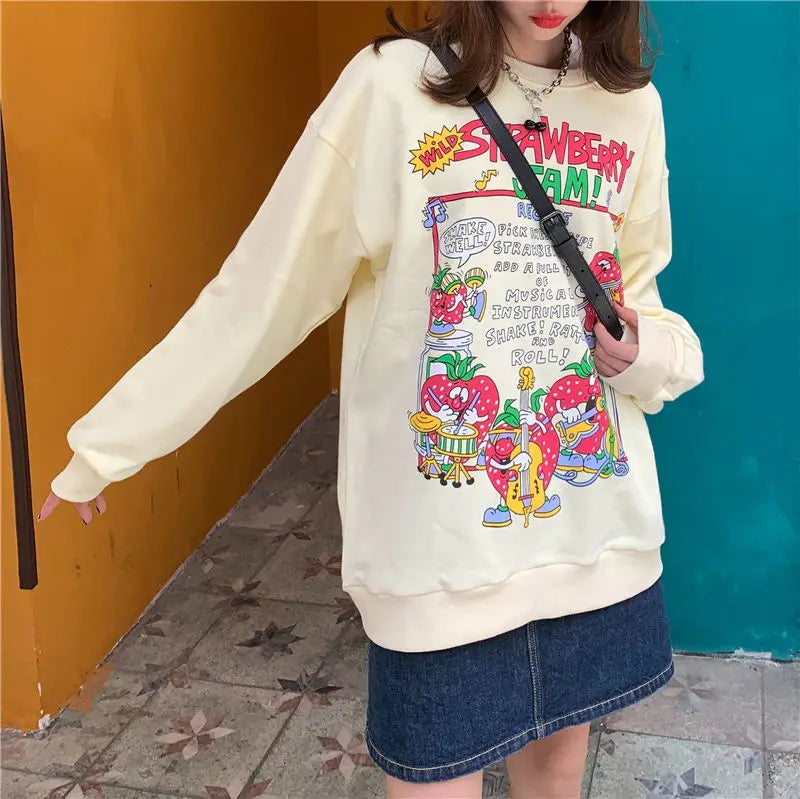 Harajuku Retro Top Strawberry Print Sweatshirt Women Loose Streetwear Sweatshirts American Oversized Pullovers - Simplice Dress