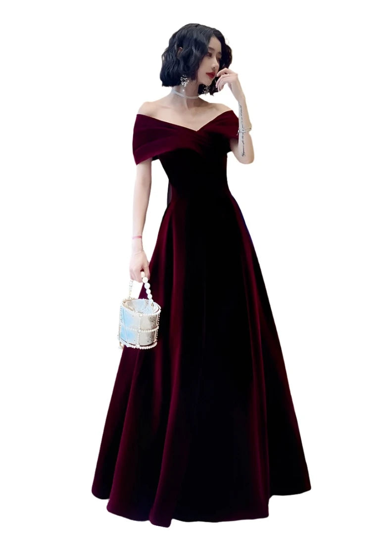 Lautaro Spring Long Luxury Elegant Wine Red Soft Velvet Evening Party Wedding Dresses for Women 2022 Off Shoulder Maxi Dress - Simplice Dress