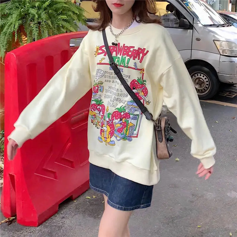 Harajuku Retro Top Strawberry Print Sweatshirt Women Loose Streetwear Sweatshirts American Oversized Pullovers - Simplice Dress