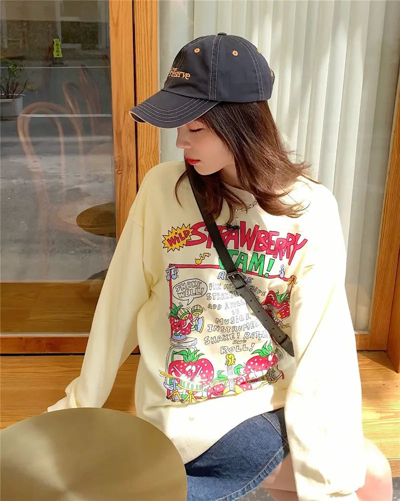 Harajuku Retro Top Strawberry Print Sweatshirt Women Loose Streetwear Sweatshirts American Oversized Pullovers - Simplice Dress