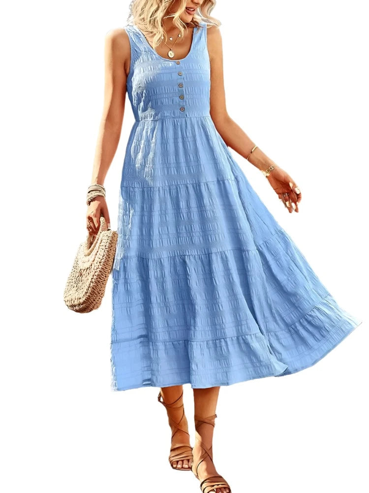 Summer Long Dress Women Sexy Sleeveless Boho Dress Female A Line Holiday Dresses with Pocket Ladies Solid Color Button Vestidos - Simplice Dress