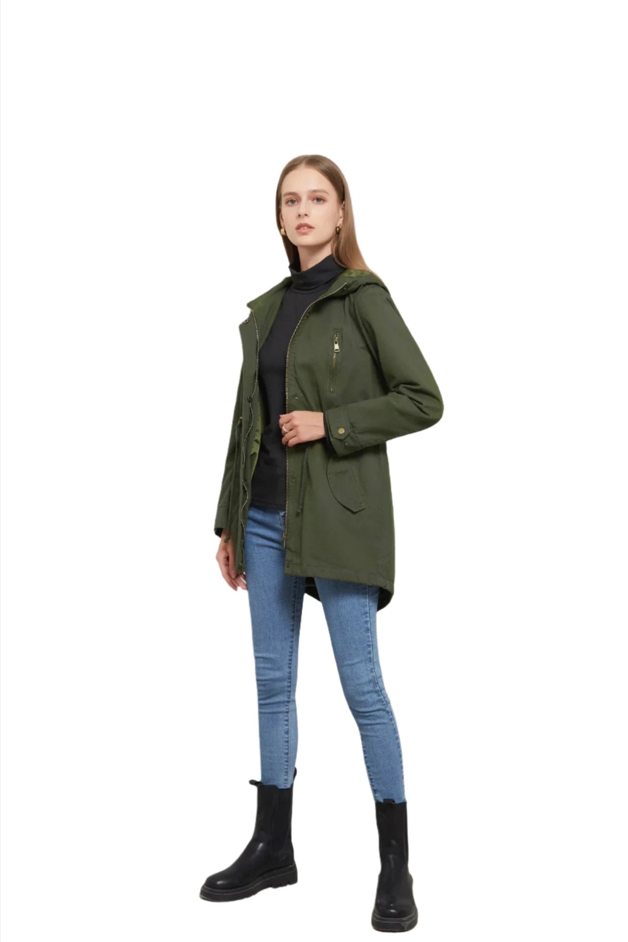 New Cotton Hooded Trench Coat Women's Spring Autumn Jacket Zipper Loose Drawstring Solid Color Windbreaker Women's Clothing - Simplice Dress