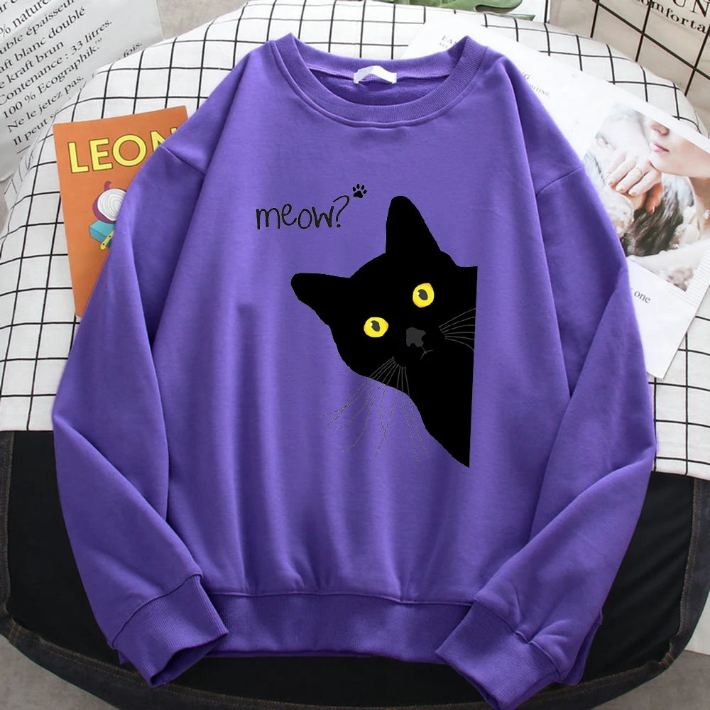 Winter Harajuku Woman Sweatshirt Meow Black Cat Printing Hoodies Comfortable All-Math Pullover Crewneck Loose Female Clothes - Simplice Dress