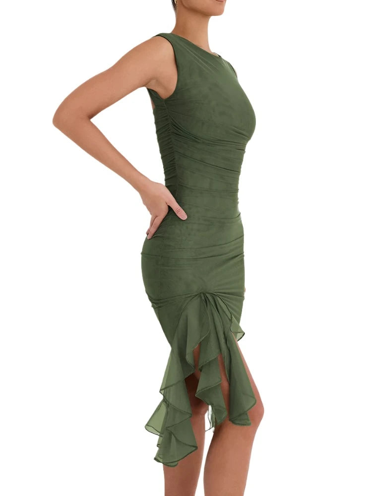 Summer Chic, Mozision Elegant Ruffle Ruched Sleveless Midi Dress