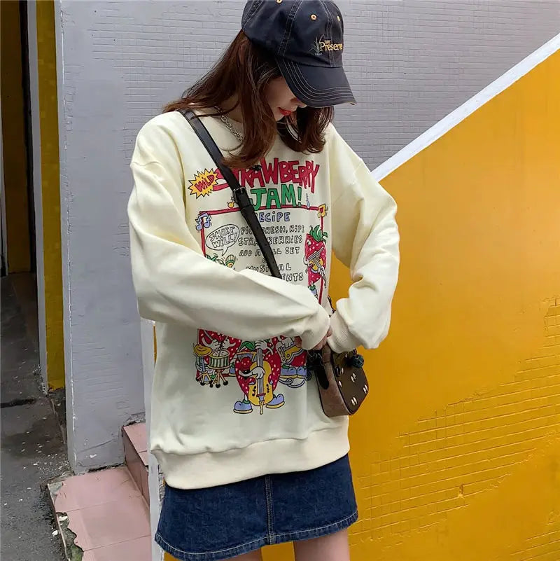 Harajuku Retro Top Strawberry Print Sweatshirt Women Loose Streetwear Sweatshirts American Oversized Pullovers - Simplice Dress