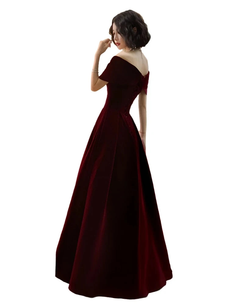 Lautaro Spring Long Luxury Elegant Wine Red Soft Velvet Evening Party Wedding Dresses for Women 2022 Off Shoulder Maxi Dress - Simplice Dress