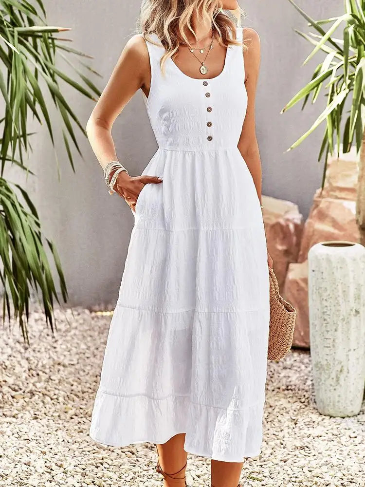 Summer Long Dress Women Sexy Sleeveless Boho Dress Female A Line Holiday Dresses with Pocket Ladies Solid Color Button Vestidos - Simplice Dress