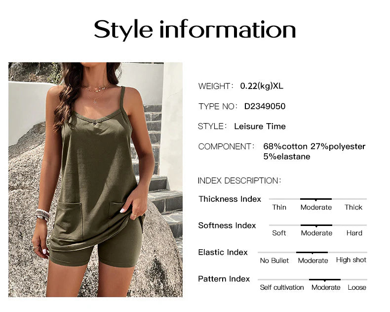 2 Piece Summer Outfits for Women Beach Vacation Lounge Sets Spaghetti Strap Cami Tunic Tank Tops with Pockets Shorts Sets