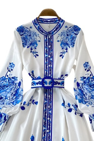 Fashion Blue And White Porcelain Flower Print Dress Women Clothing Long Lantern Sleeve Single Breasted Belt Vintage Vestidos - Simplice Dress