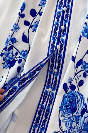 Fashion Blue And White Porcelain Flower Print Dress Women Clothing Long Lantern Sleeve Single Breasted Belt Vintage Vestidos - Simplice Dress